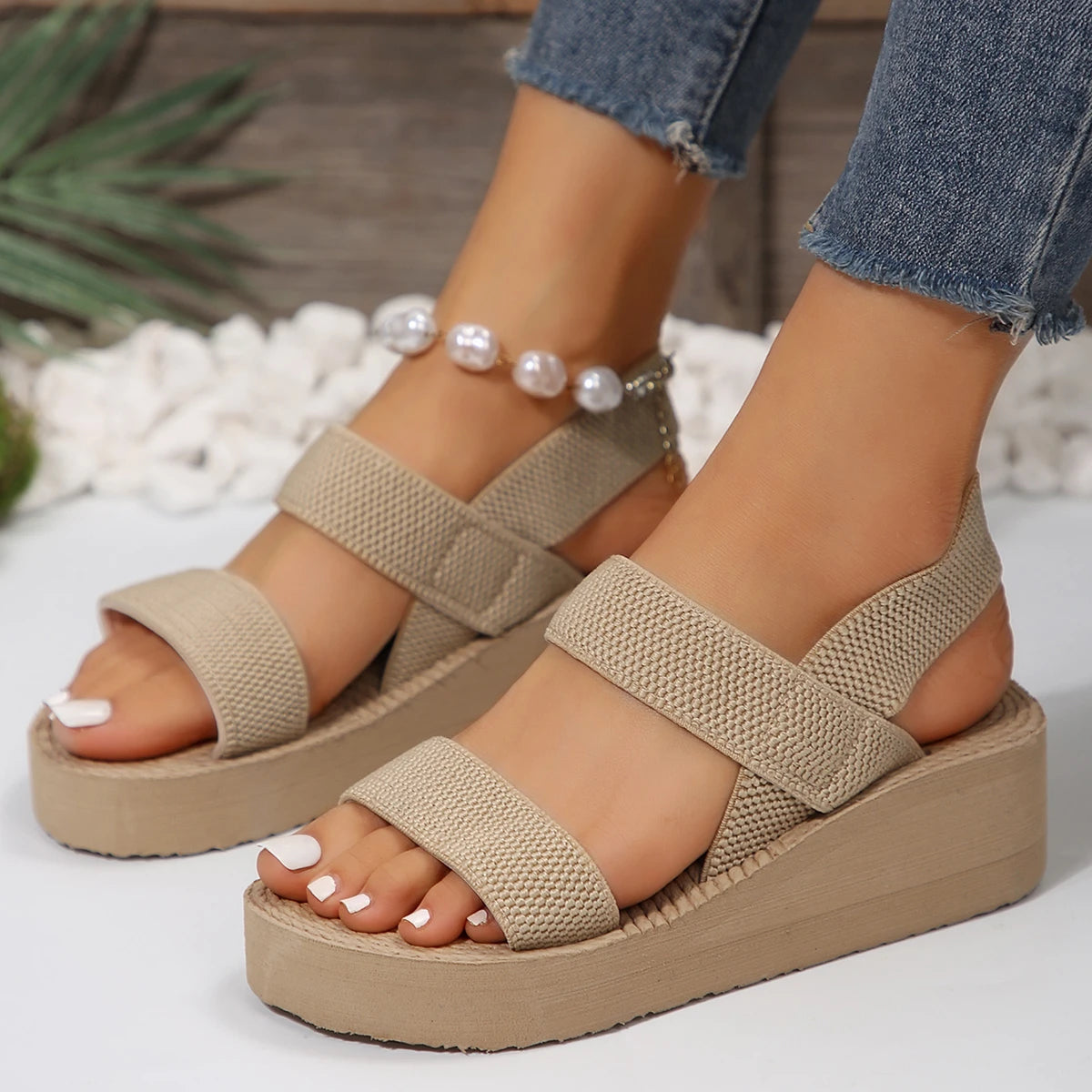 Sandales Femme Compensées – Confort Tressé Semelle Haute