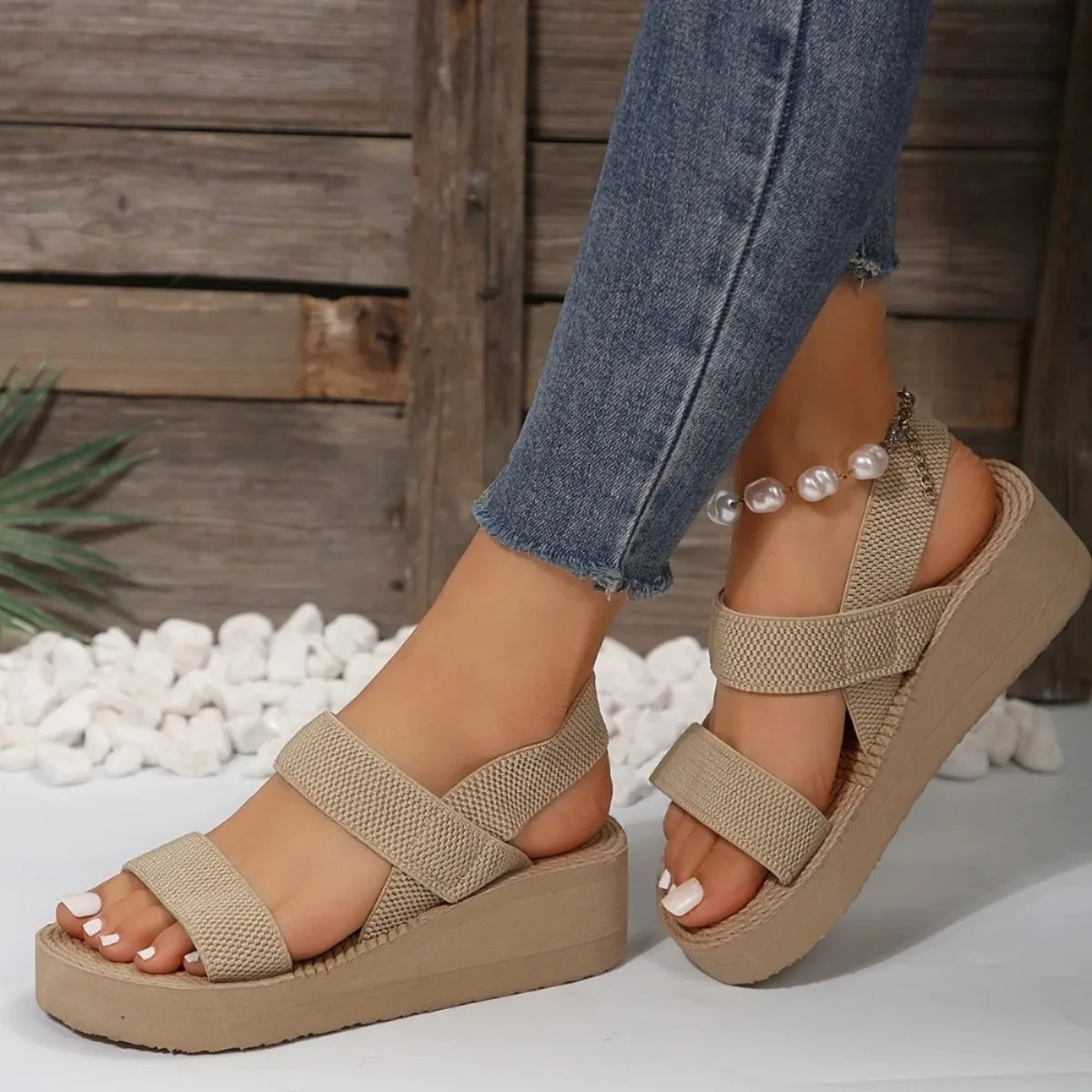 Sandales Femme Compensées – Confort Tressé Semelle Haute