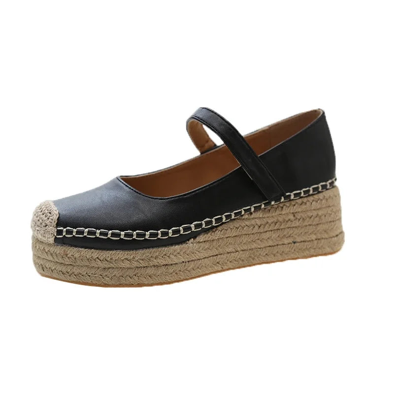 Espadrilles Femme Compensées PU – Bride Scratch Semelle Corde