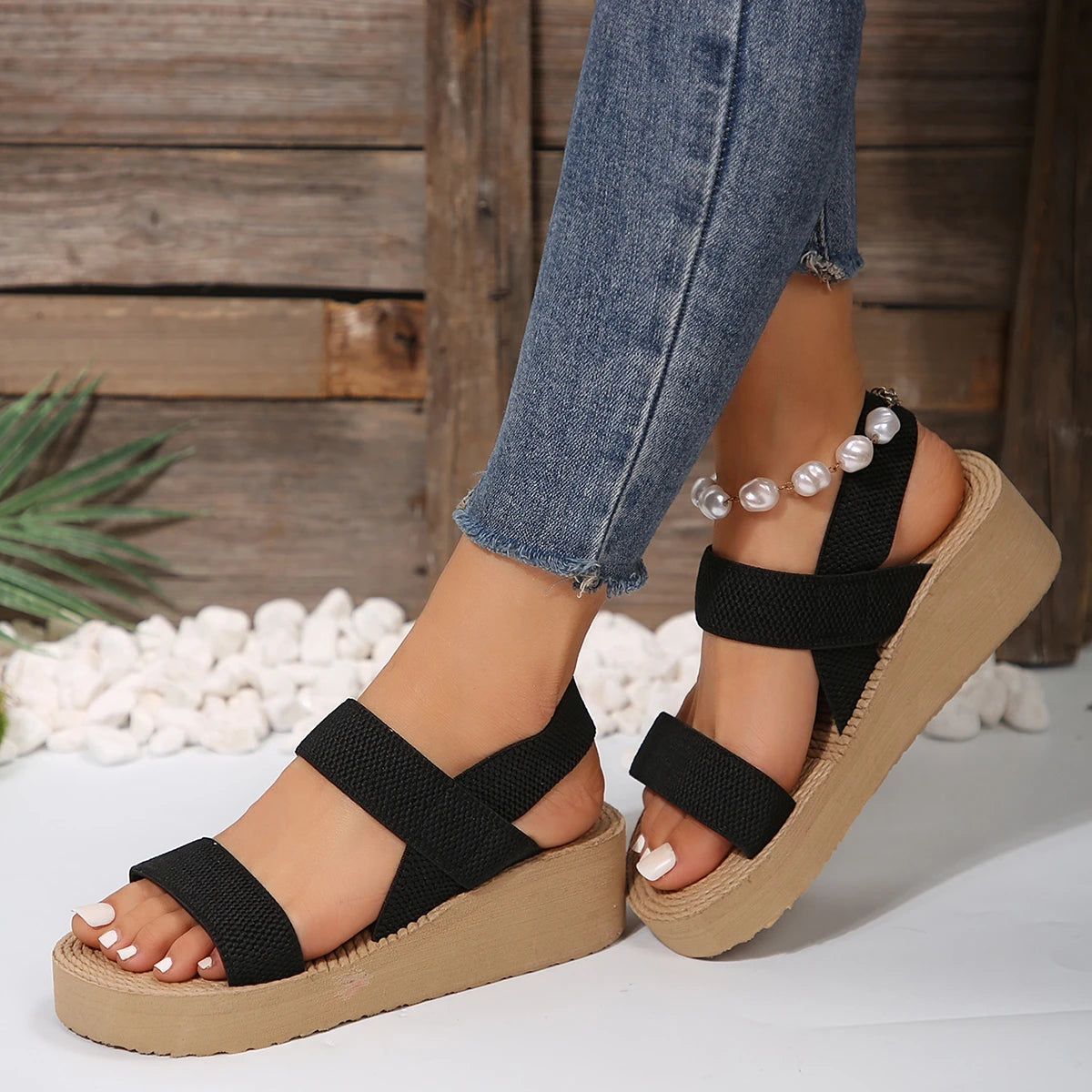Sandales Femme Compensées – Confort Tressé Semelle Haute