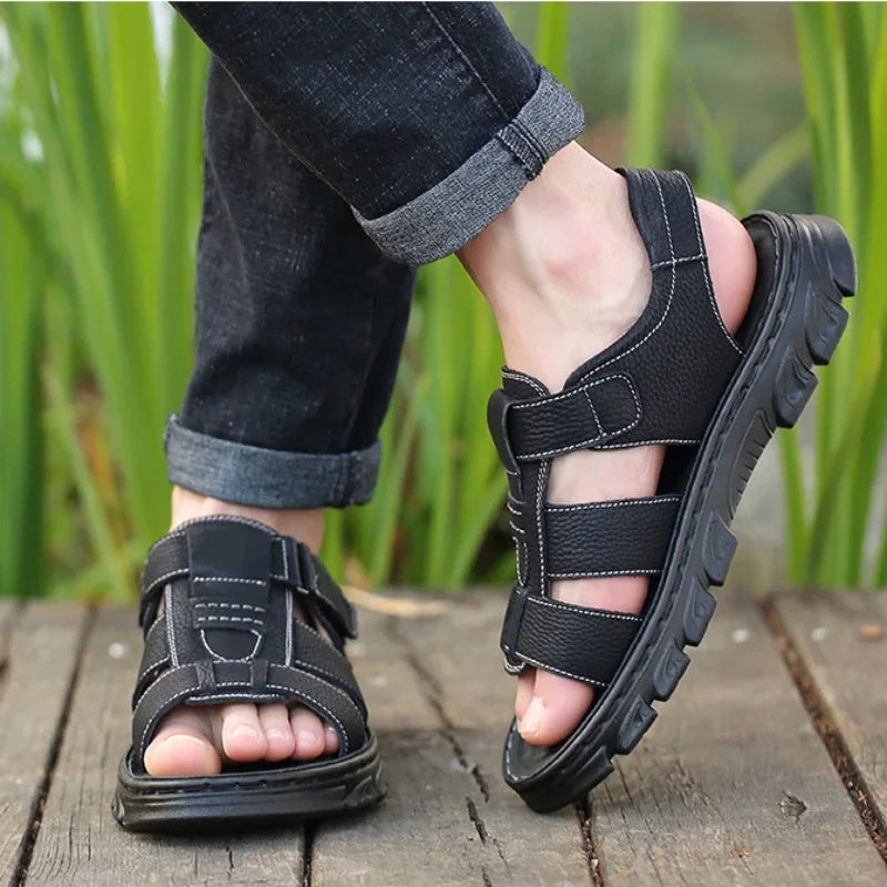 Sandales Homme – Cuir Véritable Respirant Et Semelle Épaisse Antidérapante