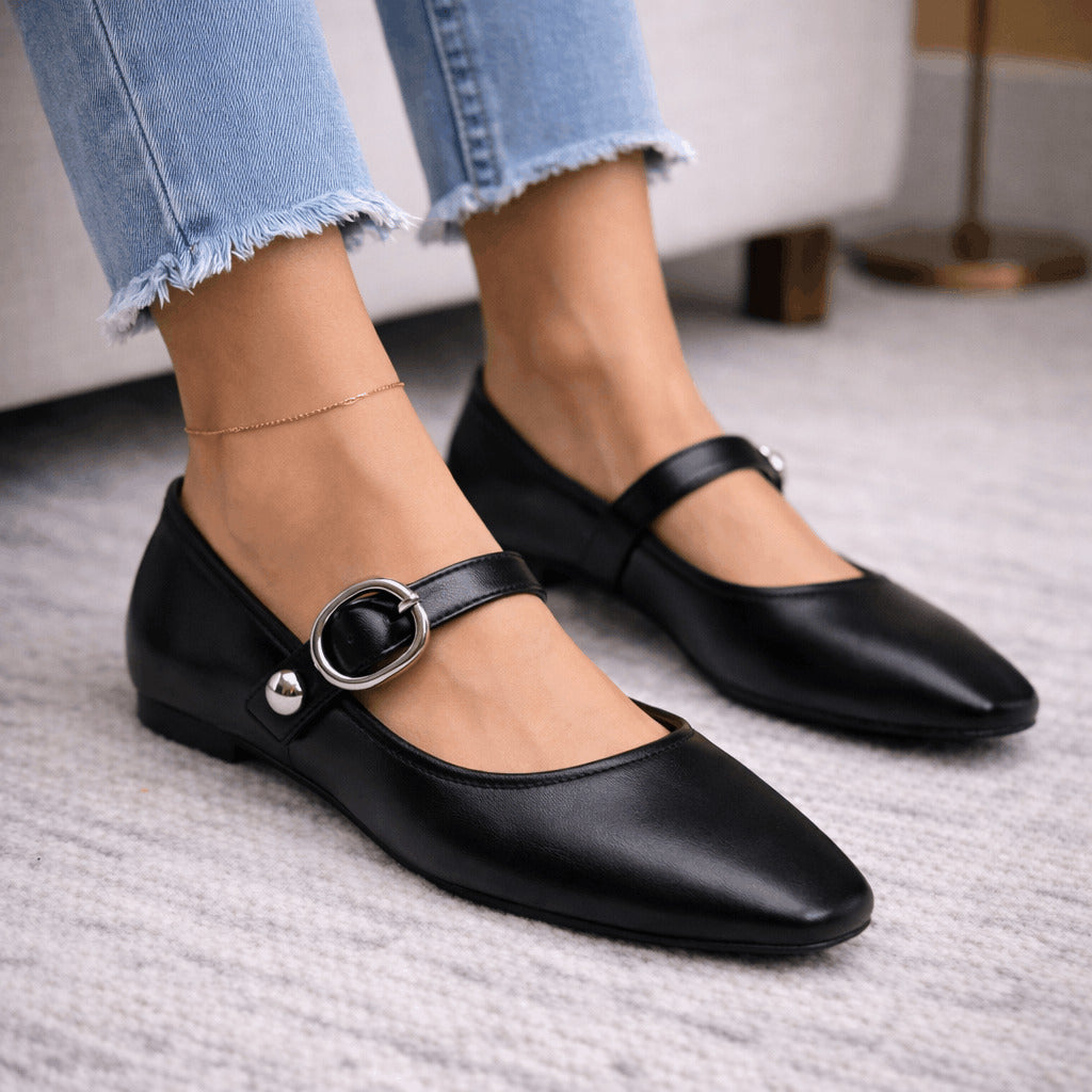 Black Leather Ballet Flats with Studded Strap – Bold and Comfortable