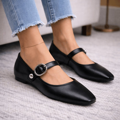 Black Leather Ballet Flats with Studded Strap – Bold and Comfortable