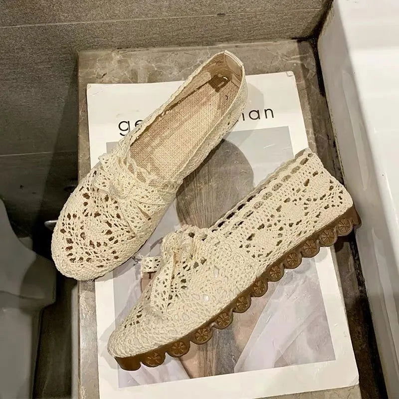 Mocassins Femme en Dentelle Crochet – Raffinement et Confort Naturel - Atelier Chaussure
