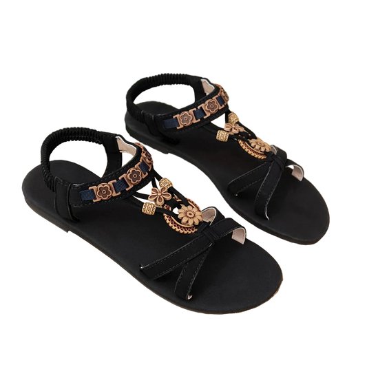 Black Women's Sandals - Casual Style with Floral Details