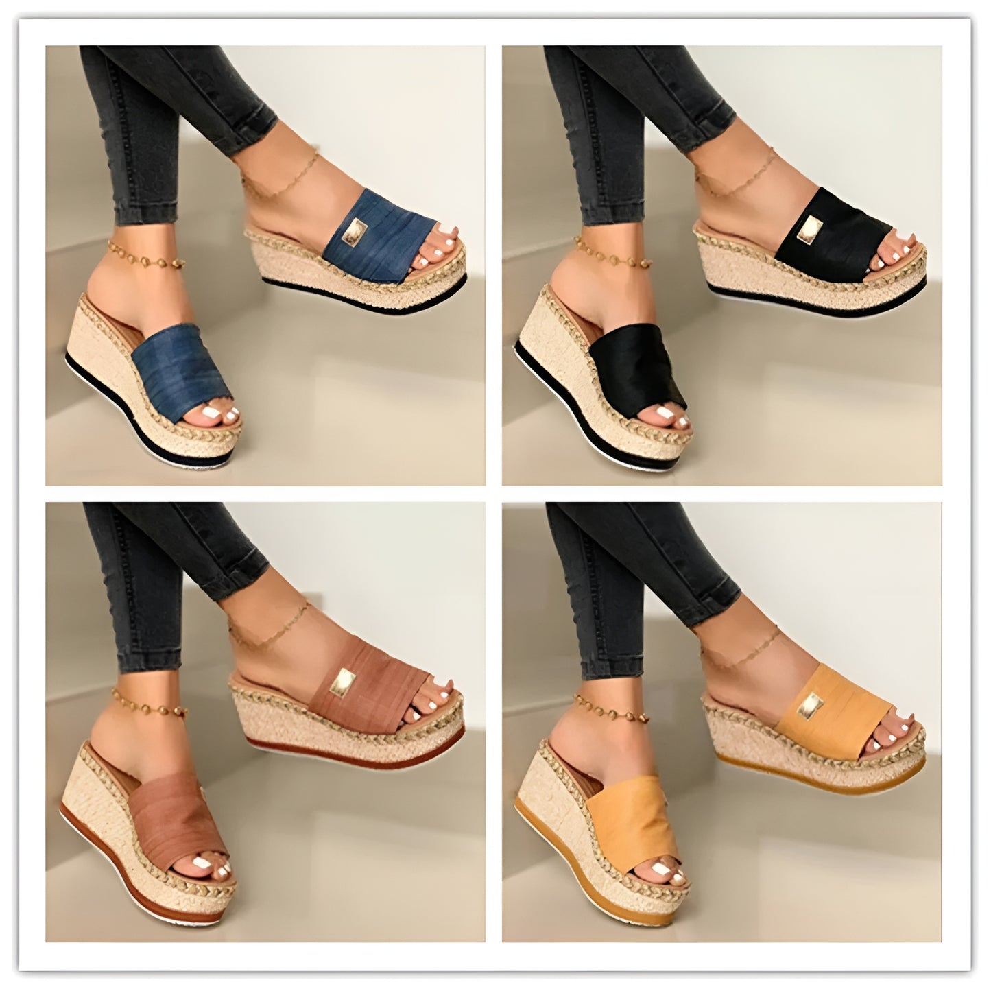 Sandales Femme Compensées – Semelle Tressée Et Détail Doré